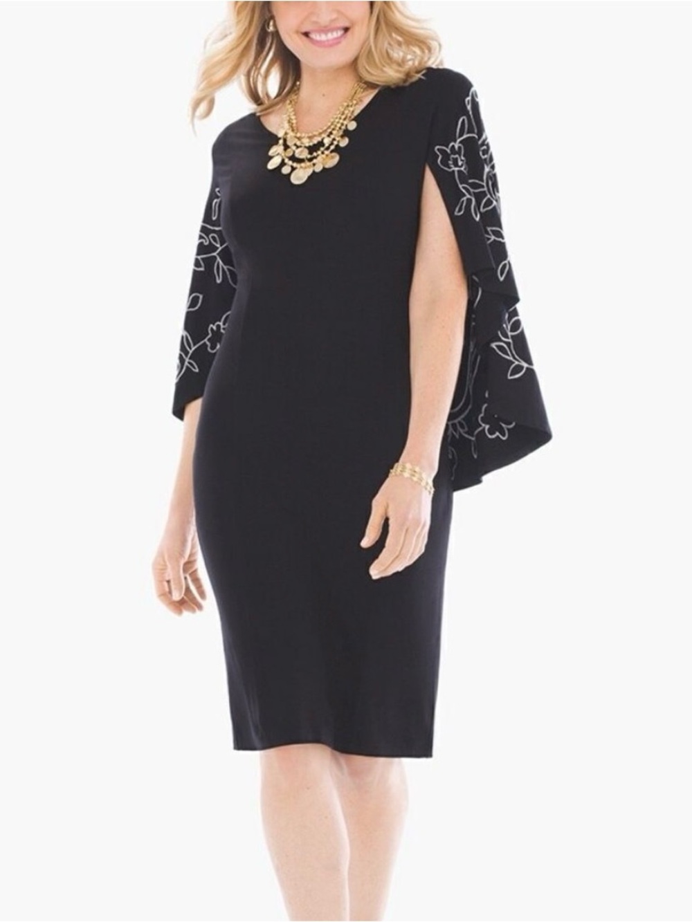 Chico’s Dress Women's Size O (XS/4) Petite Black/White Embroidered Cape Sleeve